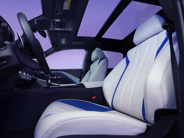 A 2025 Acura ADX interior with white leather seats featuring blue accents, and a sunroof.