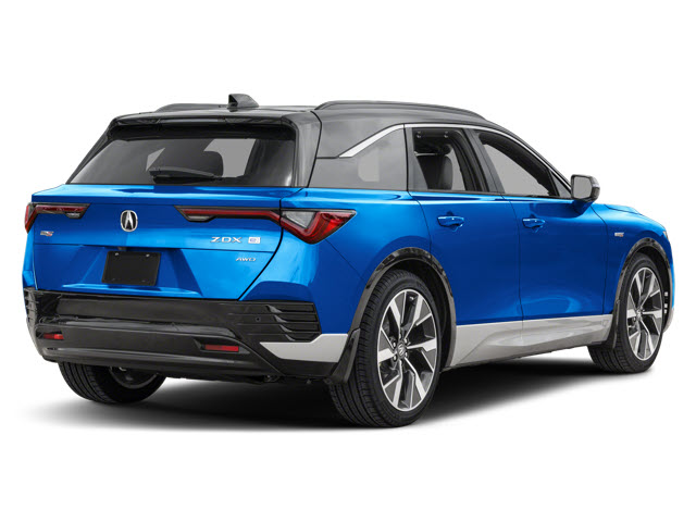 A blue Acura 2025 Acura ZDX SUV with a sporty design, showing the rear and side view.