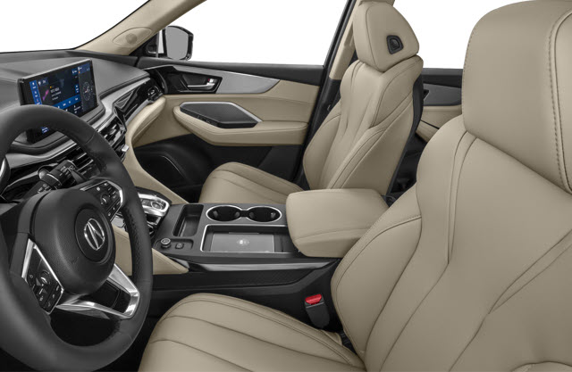 A beige leather 2026 Acura MDX interior featuring two front seats, a dashboard with screens, and console.