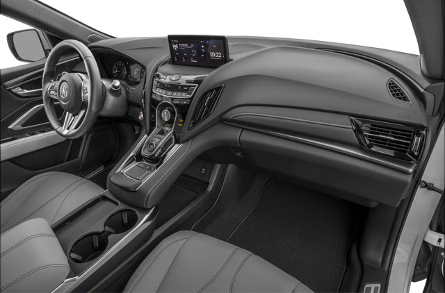 A 2026 Acura RDX interior view showing leather seats, a steering wheel, and a touchscreen display.