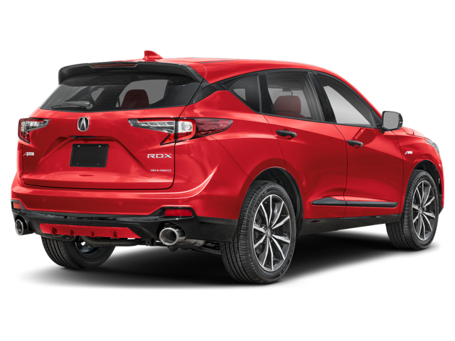 A red 2026 Acura RDX SUV viewed from the rear, showcasing its sleek design and dual exhaust.