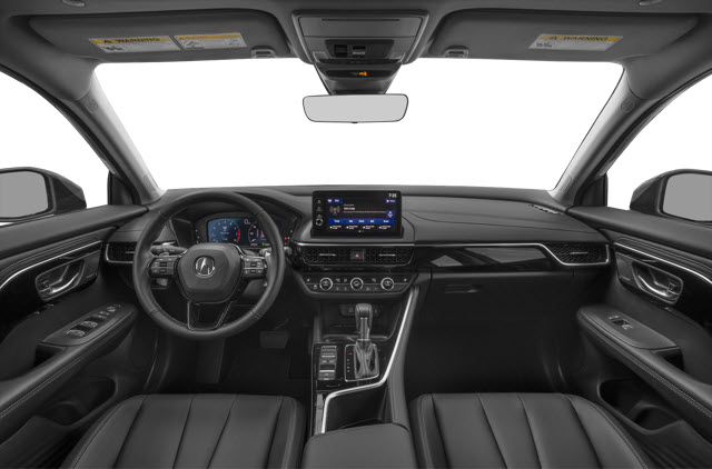 Interior view of a luxury 2025 Acura ADX featuring black leather seats, a steering wheel, and a dashboard with a touchscreen display.