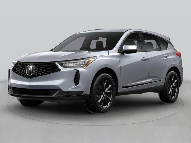 A silver 2025 Acura RDX SUV with a sporty design, featuring a bold front grille and black rims.