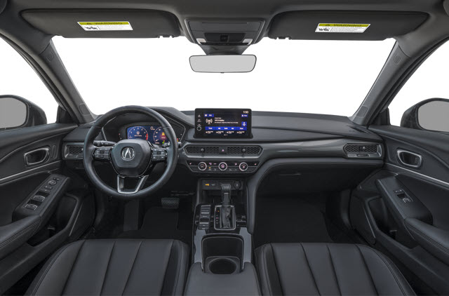 Interior view of a 2026 Acura Integra car with a black steering wheel, dashboard, and touchscreen display.