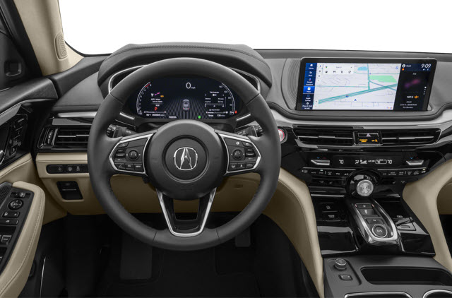 A 2026 Acura MDX interior showing a steering wheel and dashboard with a digital display and navigation map.